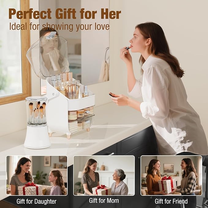 Makeup Organizer Countertop & Makeup Brush Holder with Lid 360 Rotating Clear Dustproof Skincare Holder for Vanity Bathroom Countertop, Ideal Gifts for Women, Transparent, Silver
