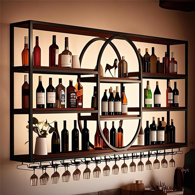 Large Wall Mount Wine Rack, Metal 4 Tier Large Capacity Hanging Bar Rack with Wine Glass Holder, Oval Wine Bottle Storage Display Rack for Kitchen, Living Room, Home (Black, 180cm/71in)