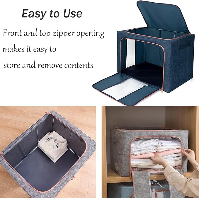 Large Storage Bags,Foldable Storage Bins with Hold Shape Metal Frame,Closet Organizer Containers with Zipper,Clear Window,Thick Fabric for Seasonal Clothing,Bedding (66L x 3 Pack)