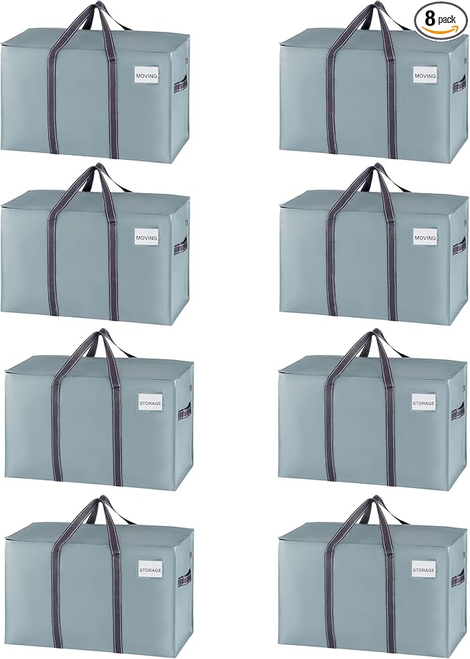 VENO 8 Pack Moving Bags and Large Christmas Storage Bins with lids. Alternative to Moving Boxes, Packing Supplies for College. Extra Large Heavy Duty Totes for Packaging (Light Blue Matte, 8 Pack)