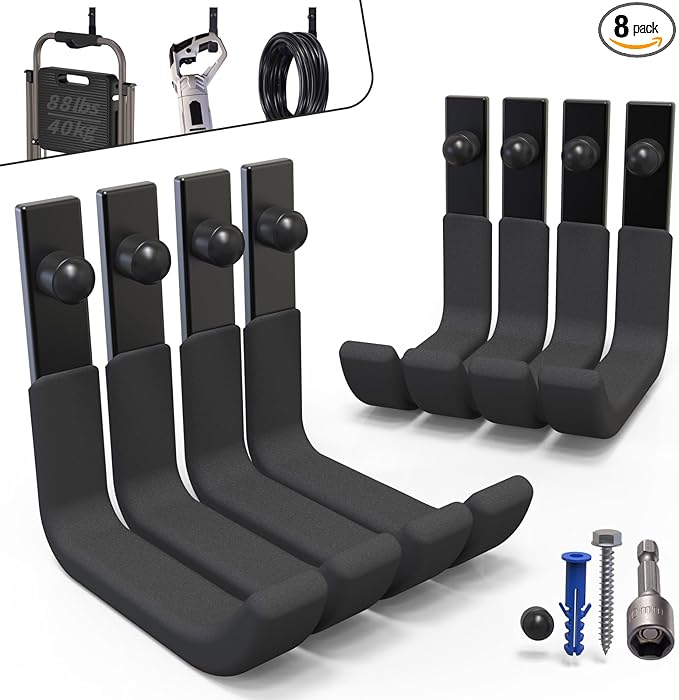 8 Pack Garage Storage Hooks, Ladder Hangers, Steel Wall Mount Hooks, Utility Hooks for Hanging Heavy Duty Shed Tools, Ropes, Garden Hoses, Shovel, Bulk Items, etc.（88lbs, 4Inch）