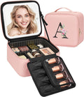 Relavel Initial Makeup Bag with LED Mirror for Women, Personalized Travel Cosmetic Organizer Train Case, Christmas Gifts for Teens Girls Grandkids Graduation Teacher Friends, Trendy Stuff, Pink A