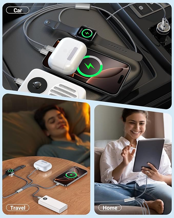 Temdan for Apple Watch Charger,4 in 2 USB C Cable for iPhone 17 Charger/Type C/Lightning/Micro USB,Multi Charging Cable Cord,Travel Vacation Essentials Designed for iWatch &iPhone 16-12-Grey