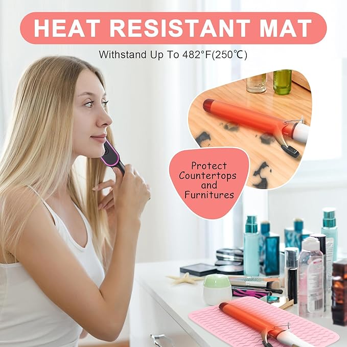 Plus Size Silicone Heat Resistant Mat, Portable Travel Hot Tools Pad Cover for Curling Iron, Flat Iron, Hair Straightener and Other Hair Styling Tools(12.0" x 9.0")