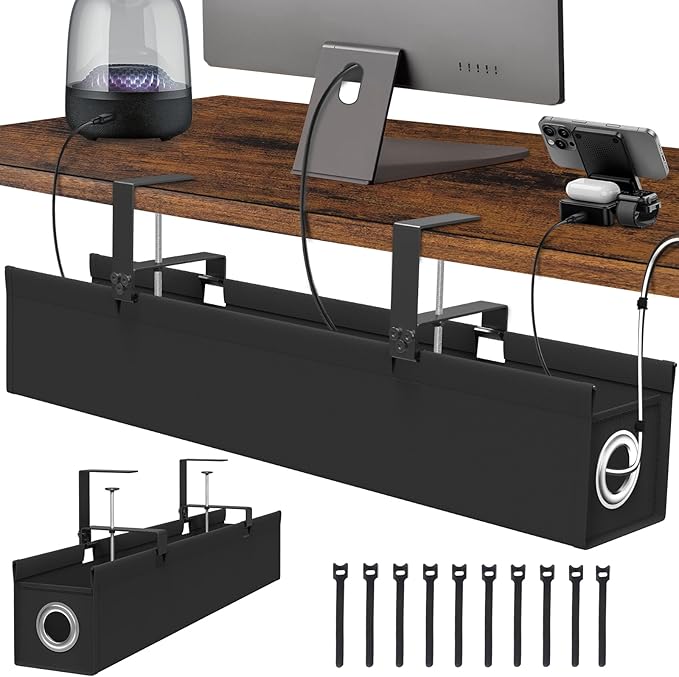 Under Desk Cable Management Tray No Drill, 30 Inch Cord Organizer with Oxford Fabric, Clamp Mount, Holds 30 lbs, Large Cable Rack for Gaming & Home Office Standing Desk