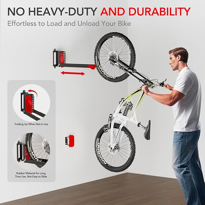 3-Pack Swivel Bike Rack Wall Mount, Bike Hangers for Garage, Space-Saving Vertical Bike Holder, Holds up to 77 lbs, Bicycle Wall Hanger Storage, No Heavy Lifting Required Indoor Hanging Bike Rack-Red