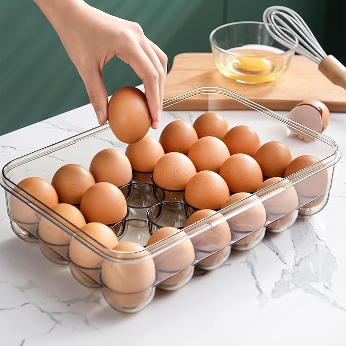 CottonColors Egg Holder for Fridge 18 Egg Container for Refrigerator Plastic Egg Organizer for Refrigerator Stackable Egg Storage With Lids for Timer(2 pack)