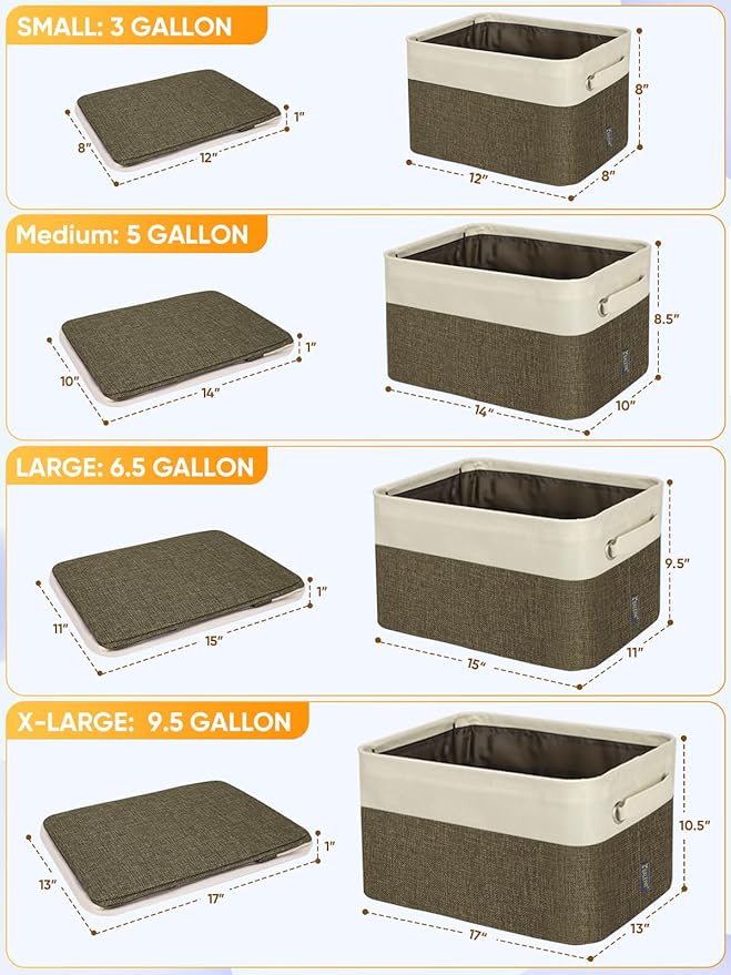 BALEINE 3 Pack Fabric Storage Bins for Shelves, Linen Storage Baskets for Organizing, Decorative Closet Bins for Clothes, Home (Brown, 12"x8"x8")