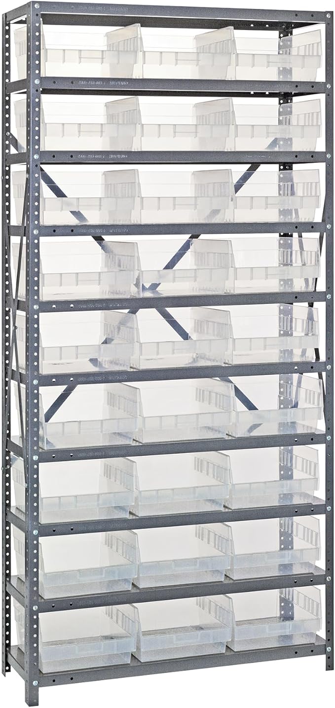 Quantum 1275-209CL Heavy Duty Shelving Unit with (10) Shelve and (27) Clear Bins (QED401) for Garage Warehouse Storage Distribution | 400 lb Load Capacity | 12"D x 36"L x 75"H, Galvanized Carbon Steel