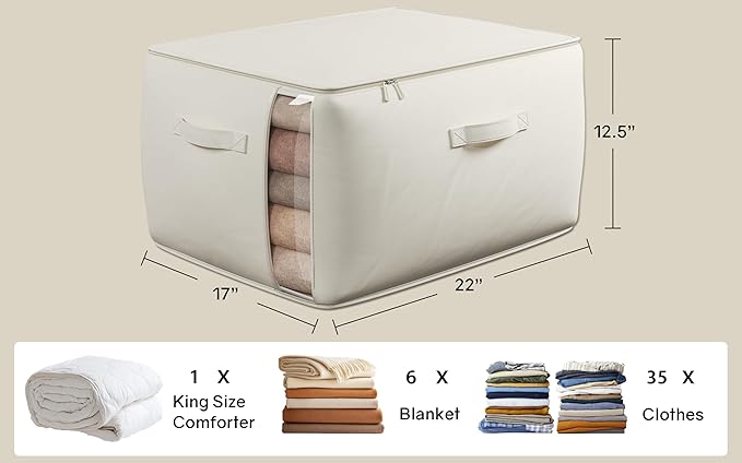 Large Canvas Clothes Storage Bags with Thick Handles and Clear Window, Foldable Cotton Linen Closet Organizer for Clothing, Blankets and Bedding, 70L, 2 Pack, Beige