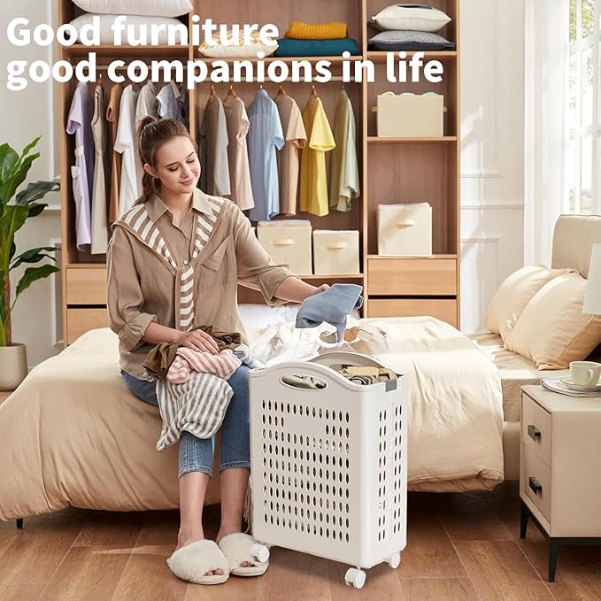 Rolling Laundry Hamper with Wheels - 14W×7.5D×21H Ventilated Plastic Laundry Basket, White Storage Bin with Handles for Small Spaces, Bedroom & Bathroom