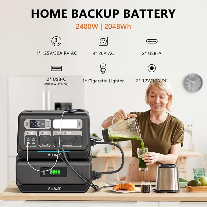 ALLWEI 2400W Portable Power Station (Surge 4800W) with 2x400W Solar Panel and 2x2048Wh Expansion Battery Included, 4 AC Outlet, LiFePO4 Battery Backup Generator for RV Camping Emergency Outdoor Home