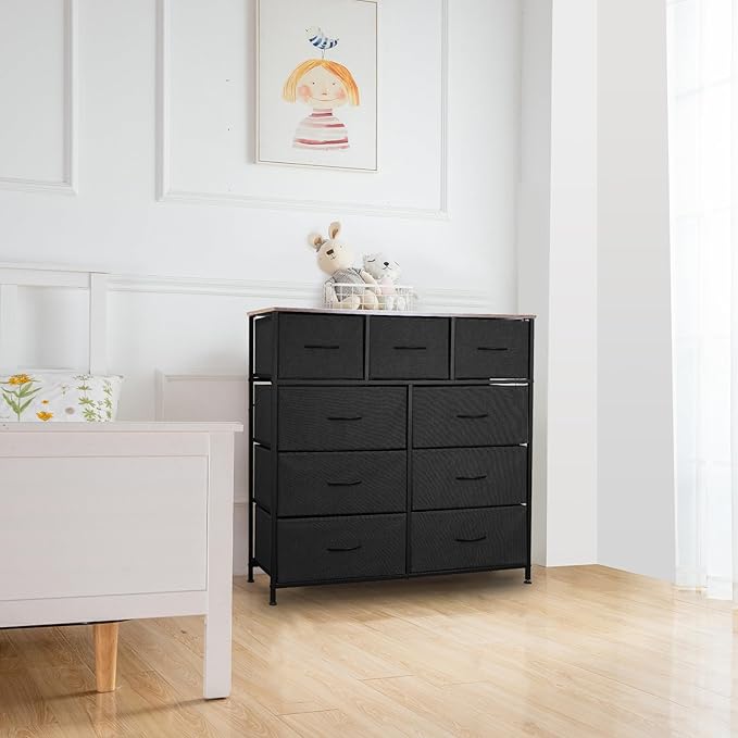 Dresser for Bedroom with 9 Drawers, Chest of Drawers, Storage Drawers Organizer Unit, Black Wide Fabric Dresser with Fabric Bins for Closet, Living Room, Entryway (Black and Rustic Brown)