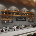 Solid Wood Wall Mounted Wine Rack, Large Wine Rack with LED Light, 4 Tiers Liquor Bottles Floating Shelves with Glass Holder, Industrial Bar Shelves for Home Bar Dining Room (157.5 IN/ 400CM)