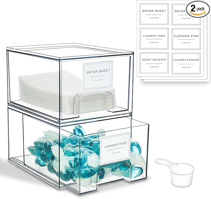 2 Pack Laundry Room Organization and Storage Containers with Labels, Stackable Clear Plastic Storage Drawers for Dryer Sheet Holder, Laundry Pods Container, Laundry Room Decor for Organizing