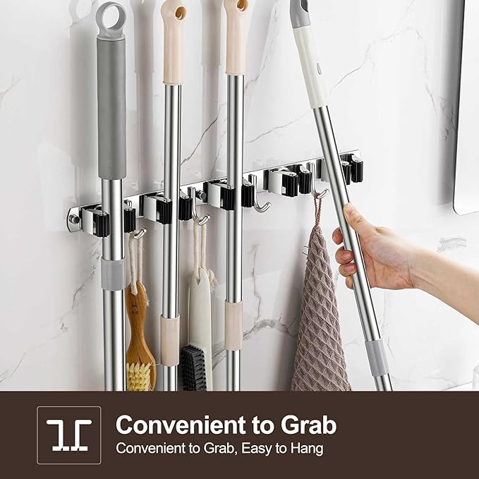 Broom Holder Wall Mount, Stainless Steel Broom Hanger Wall Mount, Heavy Duty Mop and Broom Holder Tool Racks Utility Hooks for Laundry Room Garden Garage, Grey (5 Racks and 4 Hooks)