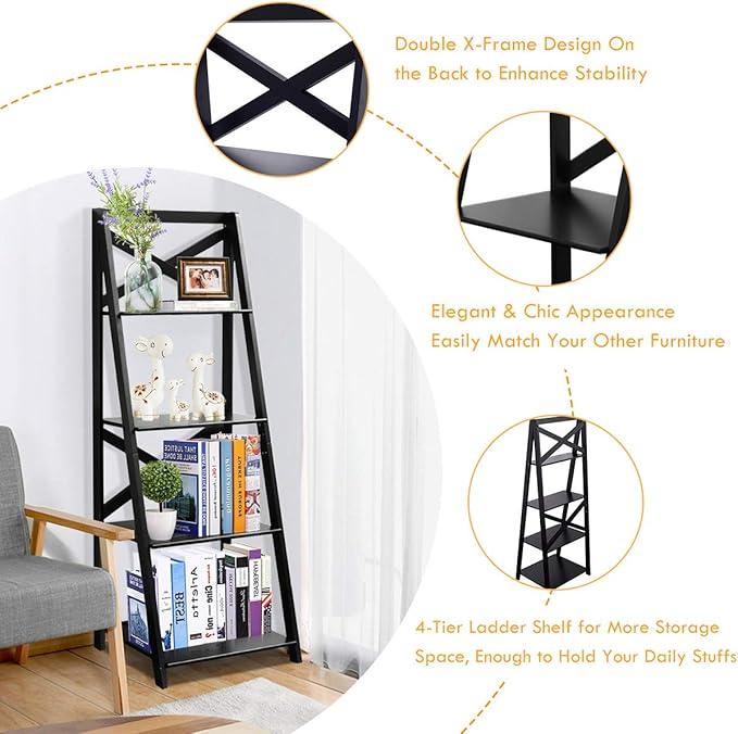 Tangkula 4-Tier Ladder Shelf Bookcase (Set of 2), Leaning Free Standing Wooden Frame Decor Bookshelf, Storage Flower Shelf, Plant Display Shelf for Home Office