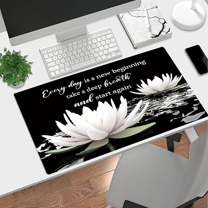 LB Black and White Floral Mouse Pad Plant Flower with Inspirational Quotes Large Mouse Pad for Desk Modern Aesthetic Desk Pad for Office and Home Non-Slip Rubber Base Mouse Mat 15.75L X 31.5W Inch