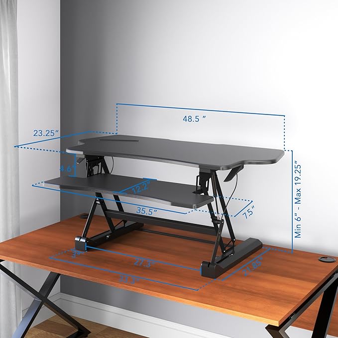 Mount-It! Standing Desk Converter, 48" Wide Sit Stand Desk Riser with Dual Gas Spring Handles, Height Adjustable from 6"–19.25", Extra Large Tabletop for 2 Monitors, Keyboard Tray & Device Slot, Black