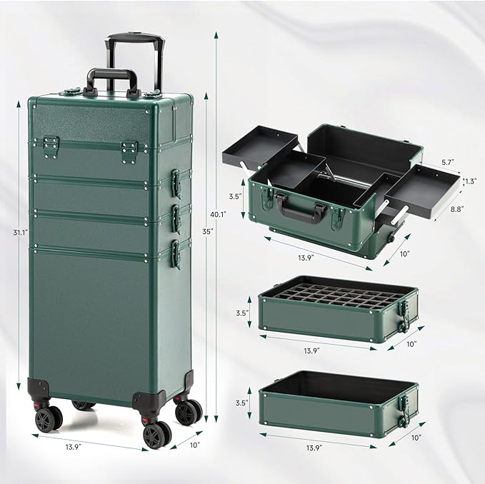 Leeora&Leekoo Portable Multi-Storey Nail Case for Nail Tech Organizer - Wheels Makeup Case Organizer, Cosmetic Case, Makeup Train Case, Make Up Case (Green)
