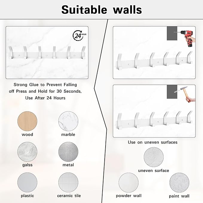 2 Pack Coat Rack Wall Mount,17.3 in Wall Hooks for Hanging, Coat Hanger Wall Mount Towel Rack Hat Rack for Wall with 12 Hooks for Entryway, Bedroom, Bathroom (White)