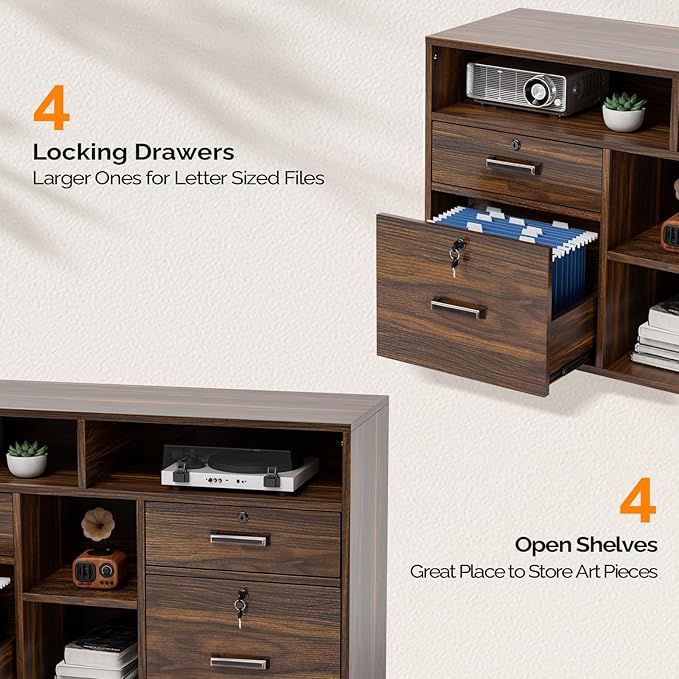 VINGLI Dark Brown Wood Lateral File Cabinet with Lock, 4 Drawer & 4 Open Shelves, Rolling File Cabinet for Home Office, Letter Sized