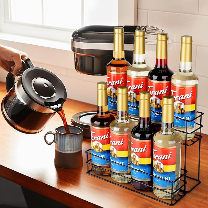 8 Bottle Capacity Coffee Syrup Organizer 2 Tier Coffee Syrup Stand Shelf for Coffee Bar Kitchen Small Wine Rack for Bar Family Storage for Syrup Wine Dressing