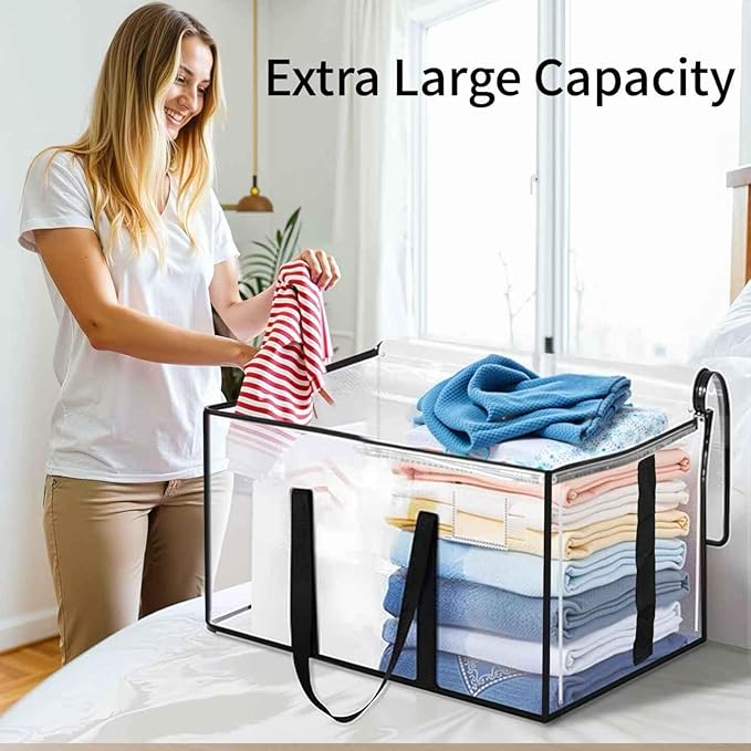 6 Pack-Extra Large Heavy Duty Moving Bags - Waterproof Storage Totes with Handles & Zippers, Foldable for College Dorm, Storage (Clear)