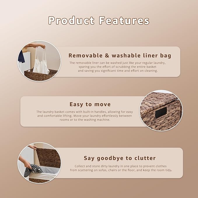 Laundry Hamper with Lid and Removable Liner Bag, Handwoven Natural Hyacinth Clothes Hamper with Heightened Feet, Wicker Laundry Basket for Clothes and Towels，Middle