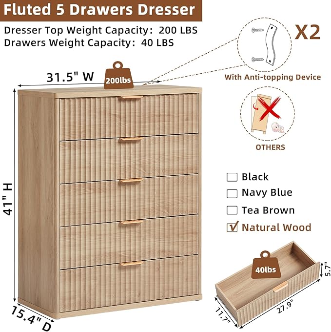 LEYAOYAO Fluted 5 Drawers Dresser for Bedroom Set of 2, 41" Tall Modern Chest of Drawers with Metal Handle, Curved Profile Design,Natural Wood Drawer Organizer for Bedroom, Living Room, Hallway