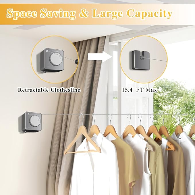 Retractable Clothesline Indoor, Non-Sagging Outdoor Clothes Line retracting,15.4 Ft Heavy-Duty Clothes Drying Laundry Line,Wall Mounted Stainless Steel Line (Gray)