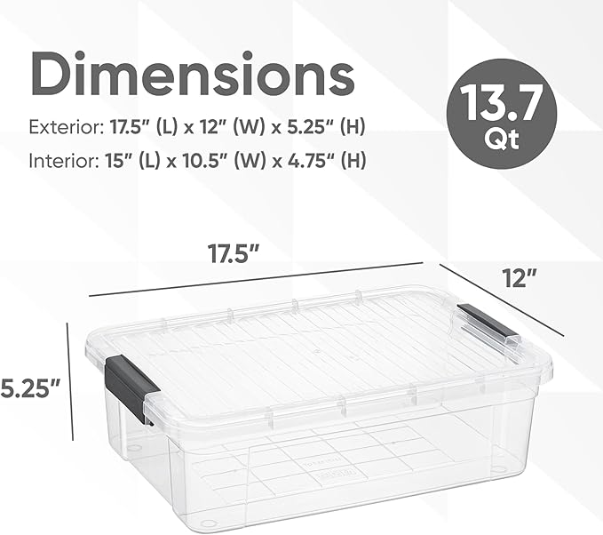 Superio 6 Pack Clear Plastic Storage Container with Lid Home - 13.7 Qt, Office Organizer Storage Bin, Stackable, For Closet, Under the Bed, or Locker, Use for Clothes, Food, Toys, Supplies, Linen.
