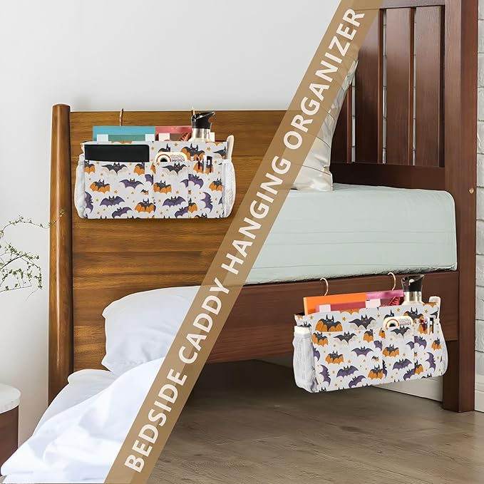 White Halloween Bats and Stars Bedside Caddy for Dorm Bed Bedside Hanging Caddy Bag Iron Frame Storage Organizer Pocket for Bunk Home College Hospital Beds 2 Hooks