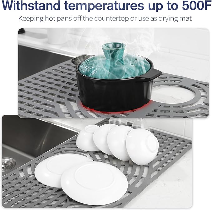 Silicone Sink Protector 30"x16" Rear Drain Hole, Heat Resistant Non-slip Dishwasher Suitable, Large Sink Mat for Bottom of Farmhouse Kitchen Stainless Steel Sinks