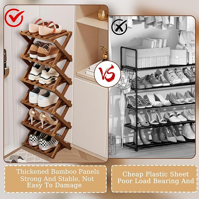 Comeon Bamboo Shoe Rack, Foldable Vertical Shoe Rack for Front Door Entrance Narrow Shoe Organizer Small Shoe Shelf for Entryway Shoe Storage Closet Multi-Tier (Brown Colors,4 Layers)