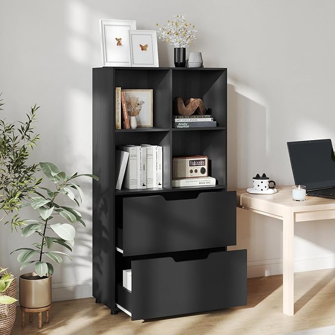 GOFLAME 4-Tier Bookcase with 2 Drawers, 51” Tall Bookshelf with 4-Cube Open Shelf, Wood, Modern, Freestanding Display Storage Organizer Shelf for Living Room, Home Office (1,Black)