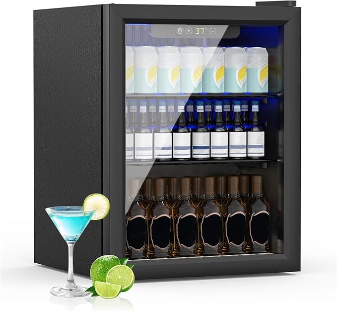 Compact 70 Can/1.7Cu.Ft Mini Fridge For Soda, Beer Or Wine, Portable Small Beverage Refrigerator With Digital Display&Removable Shelves &Reversible Glass Front Door For Office, Dorm, Bar