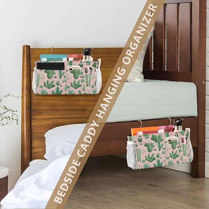 Floral Pink Cacti and Clovers Bedside Caddy for Dorm Bed Bedside Hanging Caddy Bag Iron Frame Storage Organizer Pocket for Bunk Home College Hospital Beds 2 Hooks