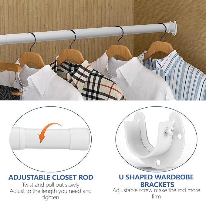 Closet Rod, 17 to 68Inch Closet Rods for Hanging Clothes, Heavy Duty Adjustable Closet Hanging Rod Bar White Closet Poles for Wardrobes, Closet, Bathroom, Windows, 1.3Inch Diameter