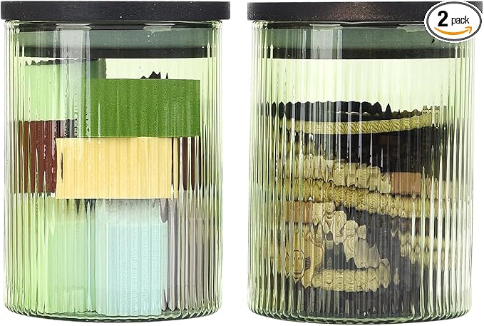 2 Pack Ribbed Glass Qtip Holder Dispenser Set - Apothecary Jars with Lids - Bathroom Canister Storage Organizer and Vanity Makeup Organizer for Cotton Ball,Swab,Round Pads,Floss