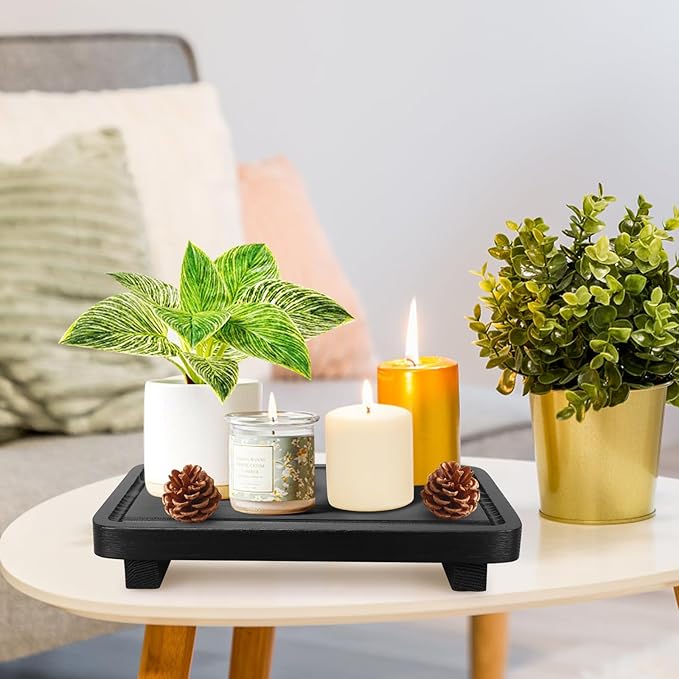 Black Bathroom Counter Organizer Tray Wood Riser Kitchen Countertop Trays Wooden Pedestal Display Stands Dish Soap Dispenser Holder for Bathroom Decor Kitchen Sink Accessories Vanity Tray