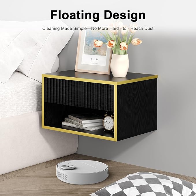 4ever2buy Floating Nightstand with Fluted Drawer, Modern Wall Mounted Nightstand with Open Shelf, Black and Gold Night Stand for Bedroom, Black