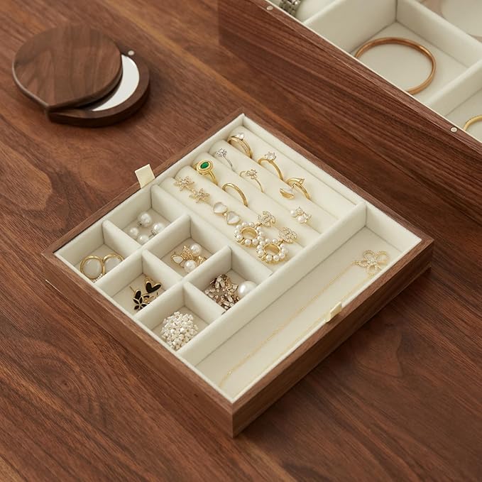 Black Walnut Wood Jewelry Box With Velvet Lining,Personalized Ring and Necklace Box for Women and Girls,Brass Handle (No lock)