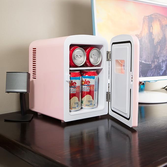 Koolatron Mini Fridge - Refrigerator for Bedroom, Office, Portable Table Top Beverage Cooler, 12V 110V Refrigerador for Drinks, Soda, Wine, Use in Car, Dorm, Outdoor, Patio, 6 Can