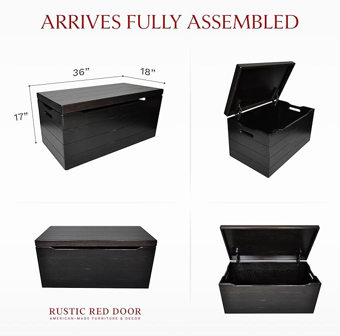 Amish Made Wooden Storage Chest Trunk Box with Lid and Handles for Bedroolanket, Clothes, Anti-Slam Hinges, Handmade, Rustic, Oak Wood, Onyx Stain, 36"