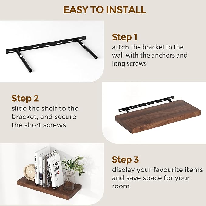 Fun Memories 36x9.3 Floating Shelves for Wall, Wood Floating Shelf 36 Inch Long, Large Deep Wall Shelves for Home Decor & Storage, Rustic Deep Shelf for Living Room, Bedroom, Kitchen, Walnut Color