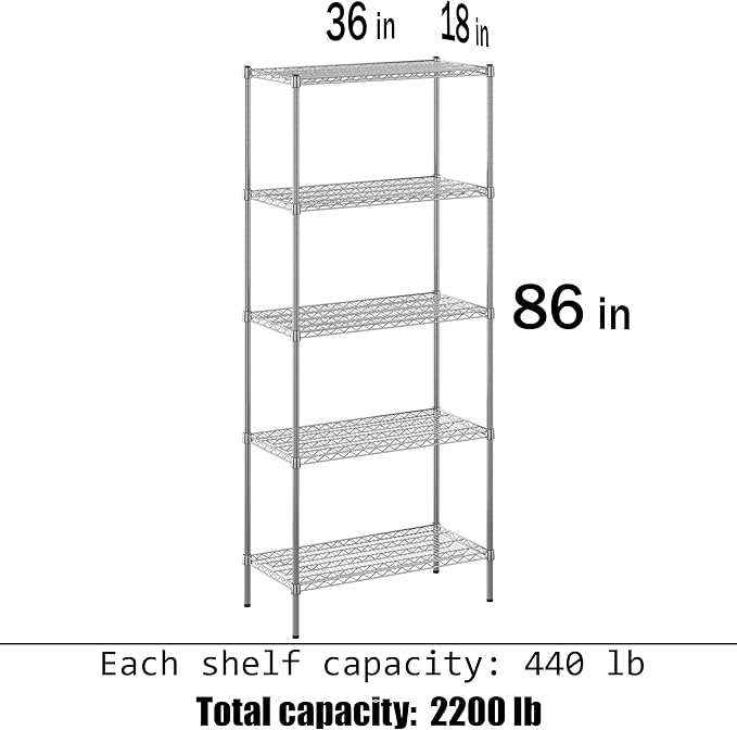 18" Deep x 36" Wide x 86" Height Wire Shelving Kit | 5-Tier | NSF Commercial Storage Rack Unit