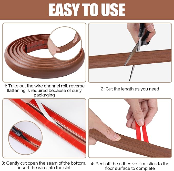 Floor Cord Cover Self Adhesive Cord Hider,10FT Cable Management, Extension Strip Protector for Wires, Prevent Cable Trips for Offices, Gyms, Exhibitions Cavity:0.39"(W) x 0.27"(H) Wood Red Teak