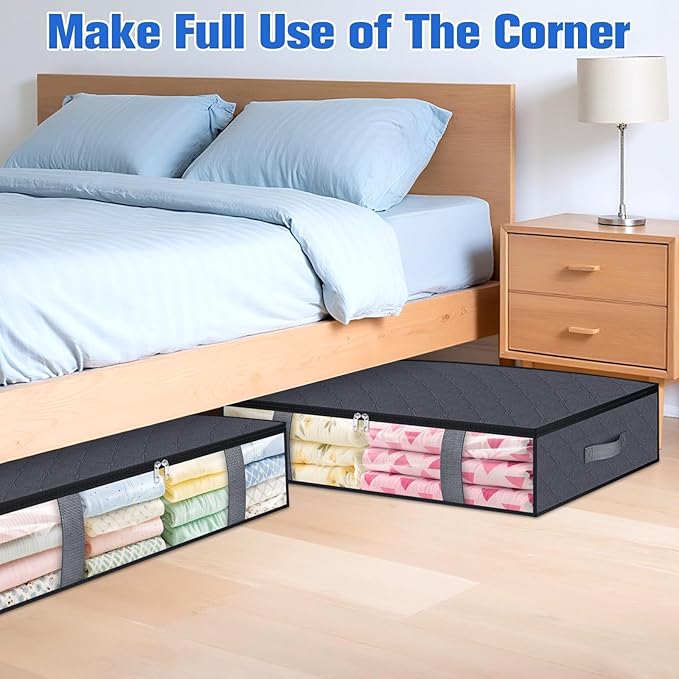 Under Bed Storage Containers, 4 Pack Blanket Storage Bags, Collapsible Storage Bags with Big Zippers, Clear Front, Shoe Storage and Organization for Clothes, Comforter, 75L, Grey