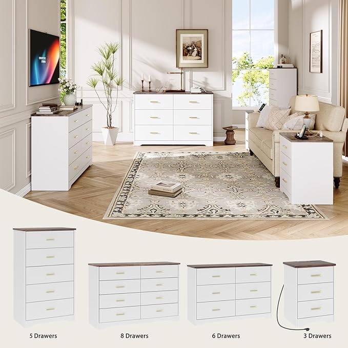 LIDYUK Dresser for Bedroom, Wood Dresser with 3 Drawers, Modern Minimalist Dressers & Chest of Drawers, 21 Inches Tall Side Table Nightstand with Charging Station, for Bedroom, Living Room, White